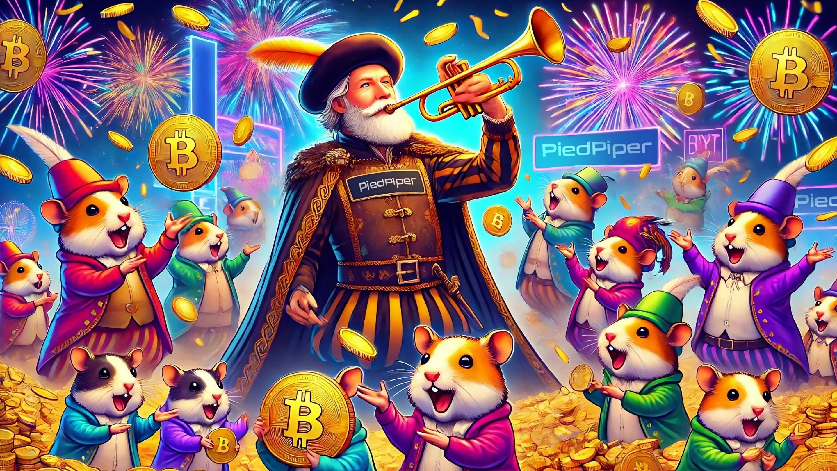 PiedPiper trumpets live crypto prices while hamsters cheer as Bitcoin coins and fireworks burst: discover live cryptocurrency prices & market caps