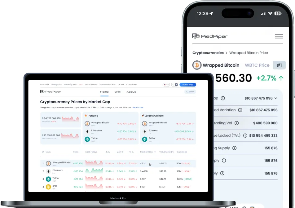 Laptop and smartphone displaying the PiedPiper cryptocurrency website footer